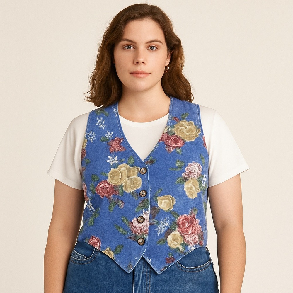 Vintage 90s Stampede USA Size M Blue Floral Denim Button Front Vest‎ Cottagecore